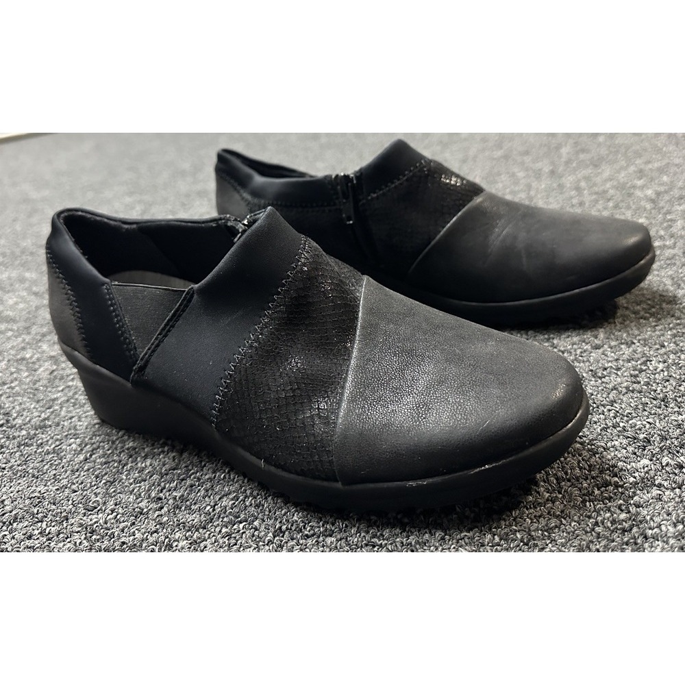 CLARKS Cloudsteppers Caddell Denali Wedge Womens Size 8M Black Zip Comfort Ankle